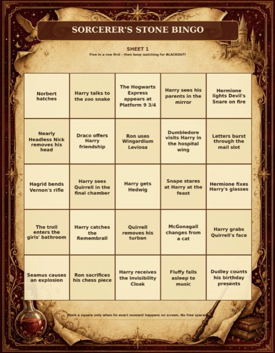A Sorcerer’s Stone bingo sheet